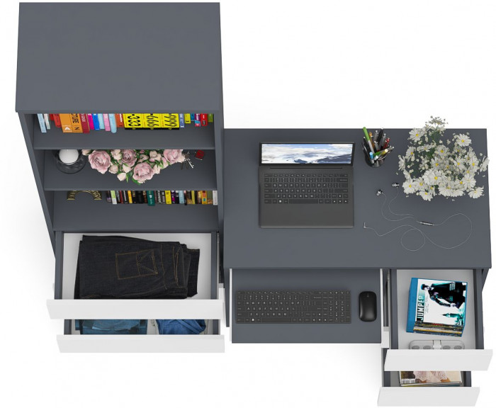 Мори Стол компьютерный МС-6 правый + Стеллаж МСТ600.3, цвет графит/белый, ШхГхВ 150,4х50х179,6 см., выдвижные ящики справа, НЕ универсальная сборка