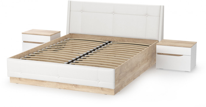 Муссон Кровать 11.28 + подъёмный ортопед + 2 х Тумба 16.03, цвет белый/дуб эндгрейн элегантный/кожзам белый/, сп. м. 1600х2000 мм., б/м