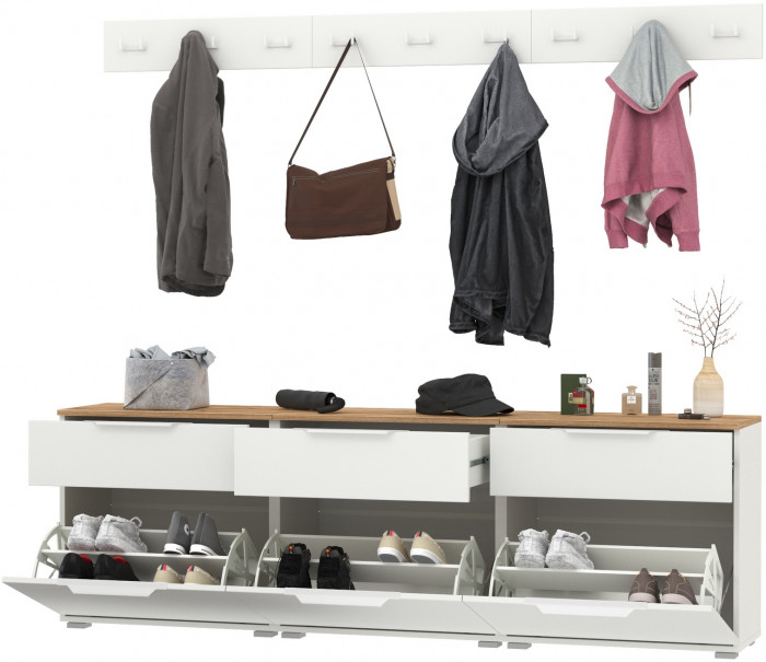 Октава Прихожая 06, цвет белый шагрень/дуб крафт золотой/фасады МДФ белый шагрень, ШхГхВ 194,7х35,4х180 см.