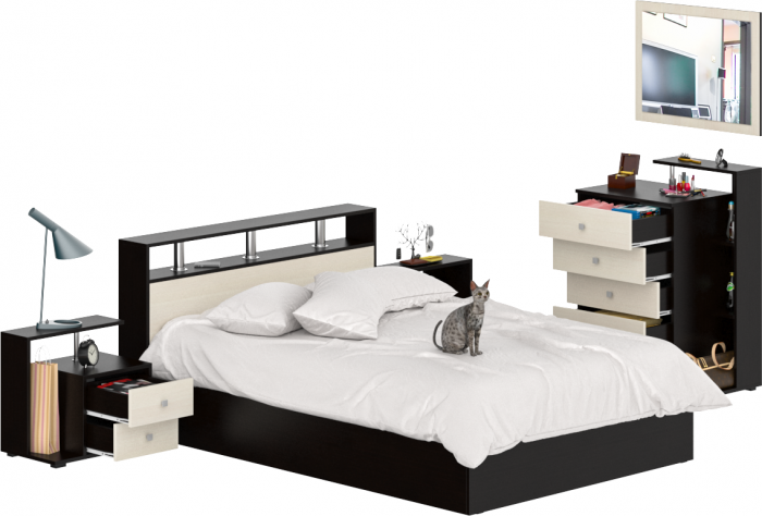 Камелия спальня № 5 Кровать 1400 + Две тумбы + Комод + Зеркало, венге/дуб лоредо